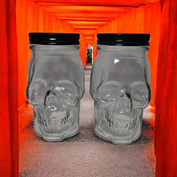 Skull Clear Glass Jar Set of 2 Gothic Halloween